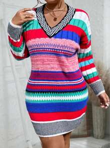 Calvaya 大码女式 V 领多色长袖针织连衣裙 - 彩色 - 查看 6
