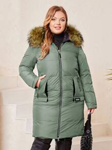 Astrid Plus Zip Up Fuzzy Hooded Padded Coat - Dark Grey - View 1