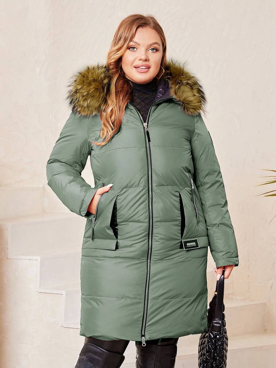 Astrid Plus Zip Up Fuzzy Hooded Padded Coat - Dark Grey - View 1