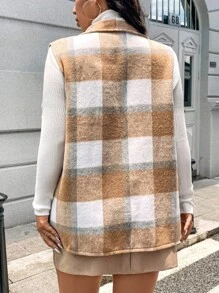 Calvaya Chaleco de moda encantador de talla grande con bolsillo, sin mangas y con botones de solapa a cuadros