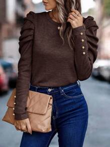 SHEIN Clasi Women's Solid Color Minimalist Daily Mutton Leg Sleeve T-Shirt Fall Cloth For Women