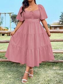 SHEIN LUNE 加大码甜心领刺绣优雅长裙女装 - 藕粉色 - 查看 5