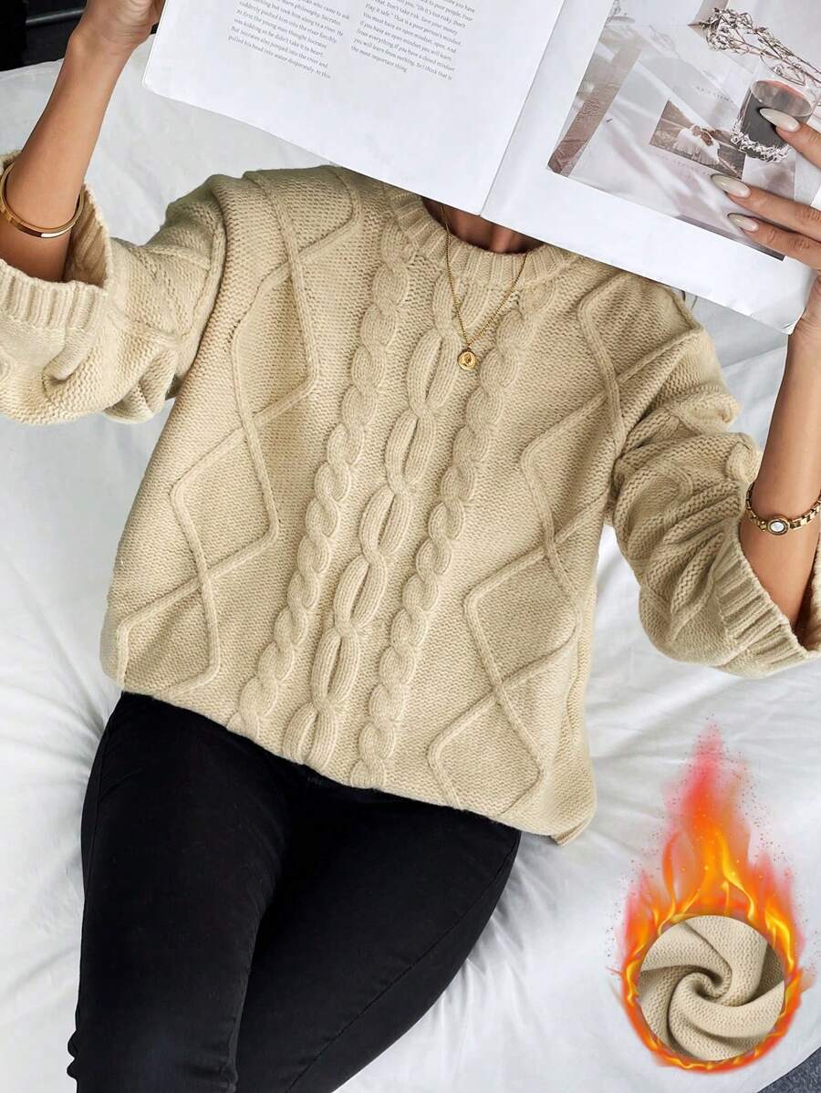 Chiquease Women's Long Sleeve Crew Neck Winter Casual Wear Tops, Knit Pullover Fall - Apricot - View 1