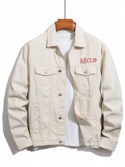 Manfinity Homme Men's Casual Letter Print Button-Up Denim Jacket, Autumn