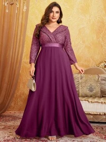 Plus Size Doll V-Neck 3/4 Sleeve Sequin Patchwork Flared Cocktail Dress, Elegant Long Sleeve Semi Formal Prom Dress, For Birthday, Wedding Guest, Graduation Homecoming - 中紫紅色 - 查看 5