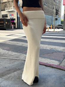 SHEIN EZwear Váy len cổ lọ gân trơn màu cho nữ mùa thu/đông - Màu be - Xem 3