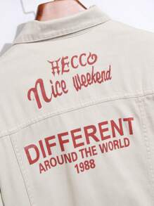 Manfinity Homme 男士休闲字母印花纽扣牛仔夹克，秋季 - 杏色 - 查看 4