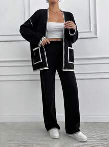 EURMUSE Bộ 2 áo len cardigan thắt túi màu đơn giản cho nữ và quần dệt kim - màu đen - Xem 4