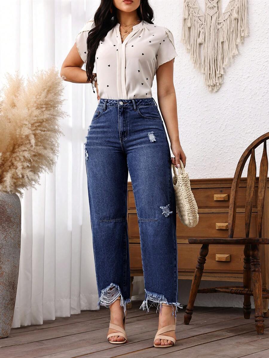 EMERY ROSE Women's Relaxed Fit Ripped Straight Leg Jeans With Pockets - Dark Wash - View 1