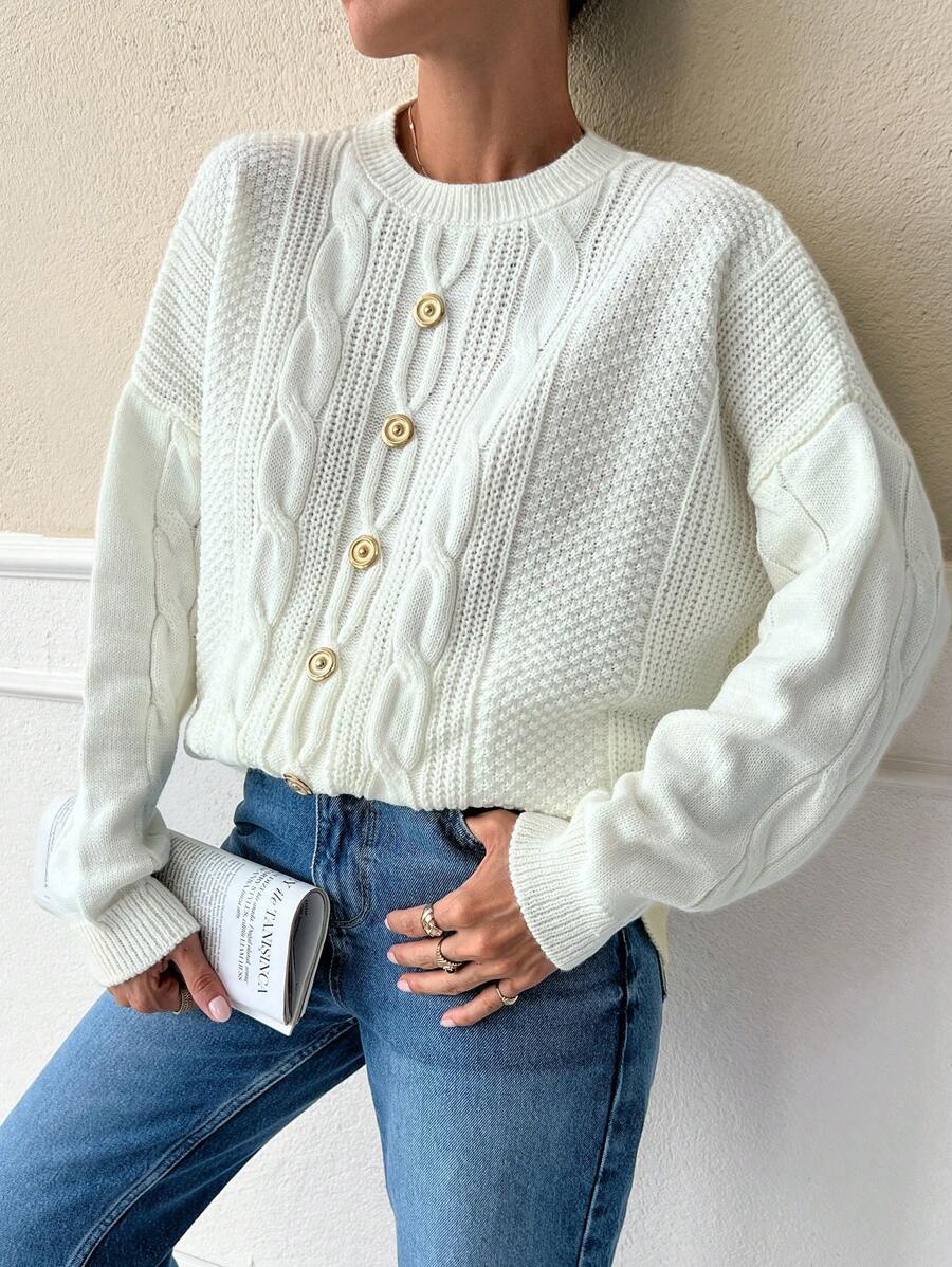 SHEIN White Metal Button Decorated Thick Cable Knit Cardigan Sweater For Women, Loose Fit, Autumn/Winter