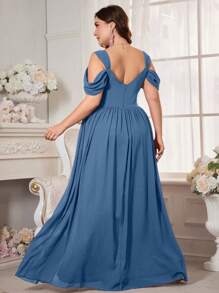 Gaun Pengantin Chiffon Lengan Pendek Tanpa Bahu untuk Wanita Ukuran Plus UNITHORSE - Dusty Blue - View 2