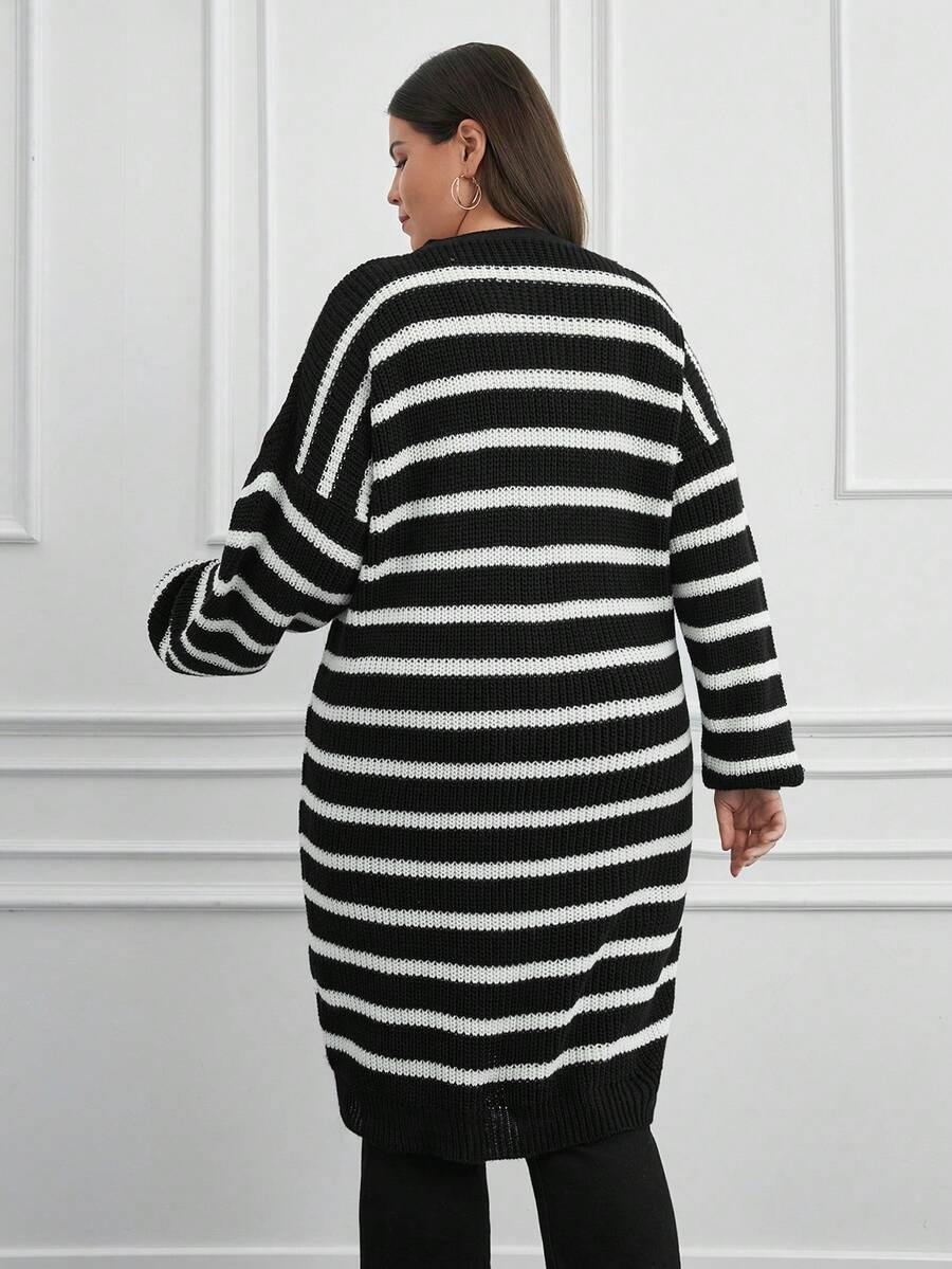 SHEIN Plus Size Knitwear Black And White Stripe Oversize Cardigan