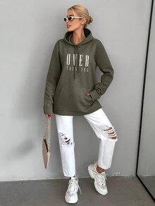 RueChic Sudadera Con Capucha De Manga Larga Con Cordón Y Estampado De Texto Distante - Verde Oliva - Ver 4