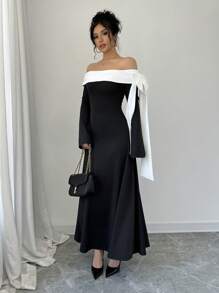 Rafferiza 女士优雅蝴蝶结装饰长袖黑白连衣裙长款女装 - 黑與白 - 查看 3