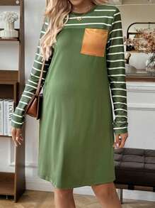 SHEIN Váy midi kẻ sọc rộng rãi tối giản dành cho nữ, mùa thu đông, dành cho bà bầu - xanh quân đội - Xem 5