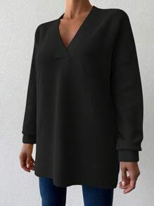 EURMUSE Solid V Neck Drop Shoulder Sweater - Black - View 5