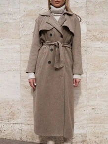 RueChic Plain Front Button Long Sleeve Pockets Simple Long Casual Jacket - Beige - View 5