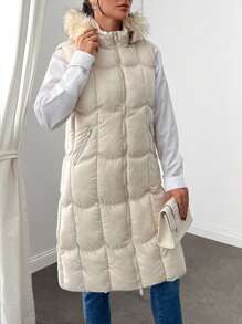 EURMUSE Waterproof Quality, Faux Fur Hooded Long Line Puffer Winter Vest - White - View 5