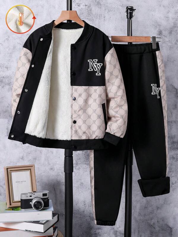 SHEIN Tween-Jungen 2-teiliges Set mit bedruckter Jacke und lässiger langer Hose