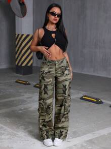 SHEIN Tall 女士前扣口袋迷彩牛仔工装裤，日常休闲穿着