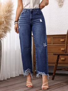 EMERY ROSE Women's Relaxed Fit Ripped Straight Leg Jeans With Pockets - Dark Wash - View 3