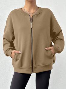 EURMUSE Cotton Women's Loose Fit Drop Shoulder Crew Neck Sweatshirt, Solid Color - Beige - View 5