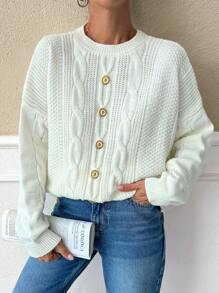 SHEIN White Metal Button Decorated Thick Cable Knit Cardigan Sweater For Women, Loose Fit, Autumn/Winter