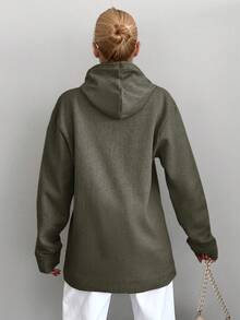 RueChic Sudadera Con Capucha De Manga Larga Con Cordón Y Estampado De Texto Distante - Verde Oliva - Ver 2