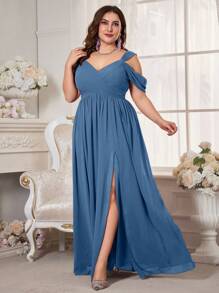 Gaun Pengantin Chiffon Lengan Pendek Tanpa Bahu untuk Wanita Ukuran Plus UNITHORSE - Dusty Blue - View 4