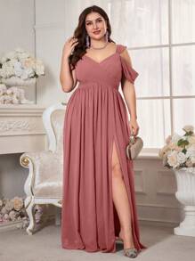 UNITHORSE 大码女士露肩短袖雪纺婚纱、优雅礼服、生日礼服、毕业礼服、正式礼服、伴娘礼服 - 藕粉色 - 查看 5