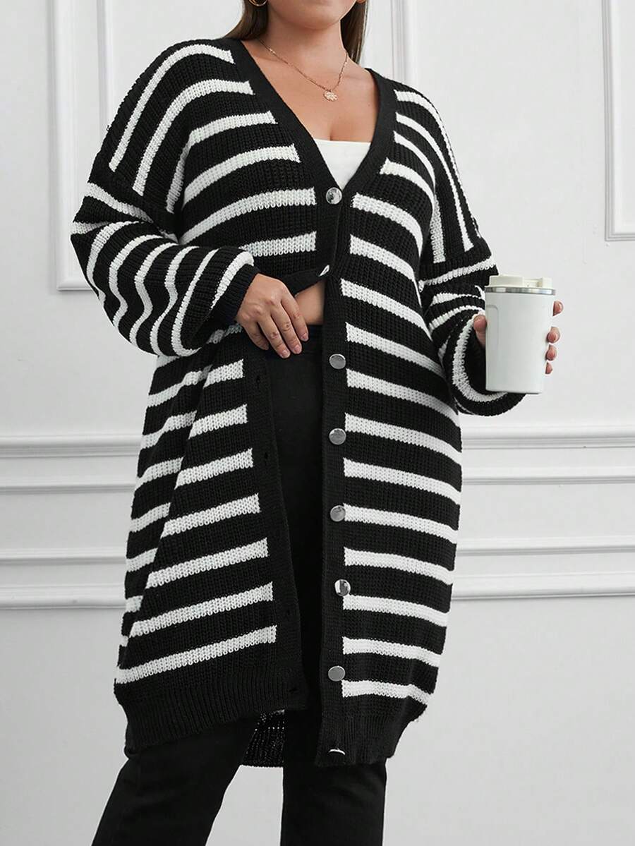 SHEIN Plus Size Knitwear Black And White Stripe Oversize Cardigan
