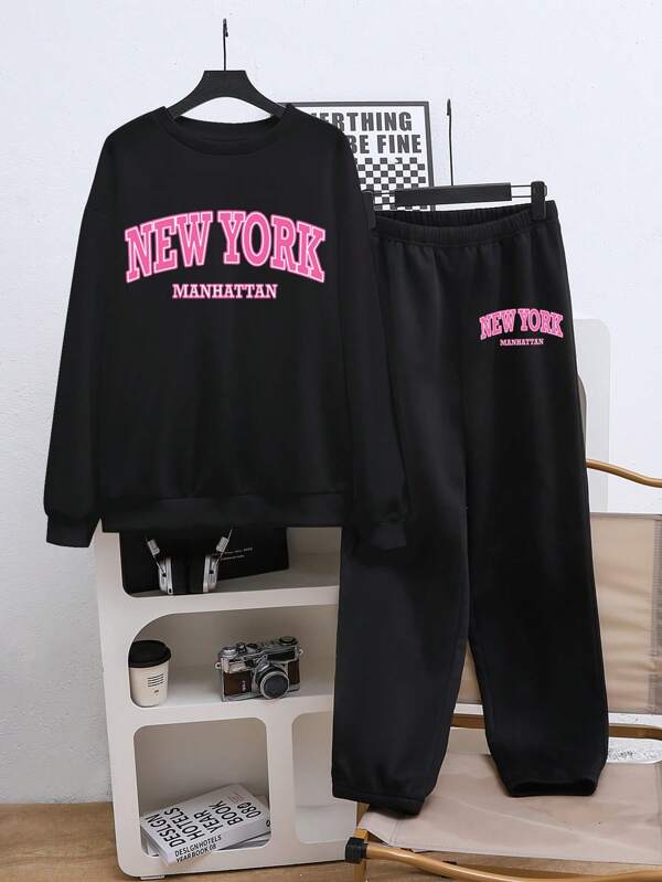 Teen Girls Casual Letter Printed Crew Neck Sweatshirt And Sweatpants Set, Autumn