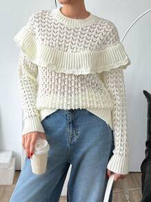 EURMUSE Crochet Cutout Ruffle Hem Pullover Sweater - Beige - View 1