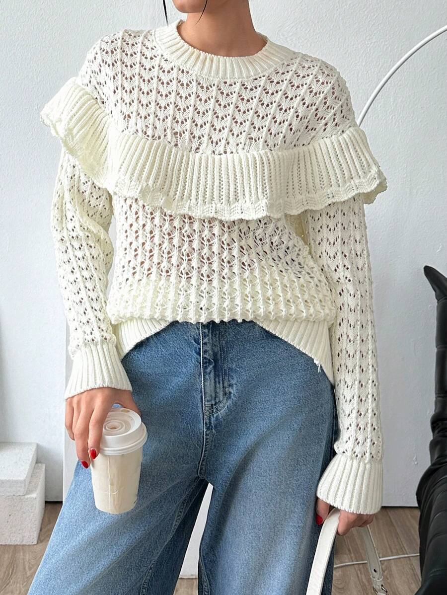 EURMUSE Crochet Cutout Ruffle Hem Pullover Sweater - Beige - View 1