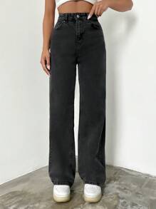 EURMUSE Solid Zipper Fly Straight Jeans - Light Grey - View 5