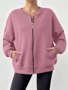 Áo hoodie dài tay lót nhiệt hở vai màu trơn có khóa kéo thường ngày dành cho nữ, dành cho mùa thu và đông - Màu Hồng baby - Xem 5