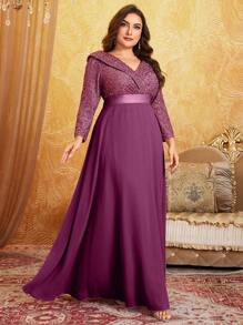 Plus Size Doll V-Neck 3/4 Sleeve Sequin Patchwork Flared Cocktail Dress, Elegant Long Sleeve Semi Formal Prom Dress, For Birthday, Wedding Guest, Graduation Homecoming - 中紫紅色 - 查看 1