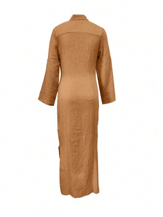 女式纯色长袖单排扣休闲衬衫裙，春/秋