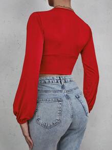 RueChic Solid Ruched Crop Blouse - Red - View 2