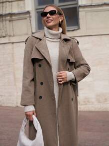 RueChic Plain Front Button Long Sleeve Pockets Simple Long Casual Jacket - Beige - View 7