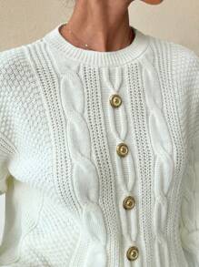 SHEIN White Metal Button Decorated Thick Cable Knit Cardigan Sweater For Women, Loose Fit, Autumn/Winter