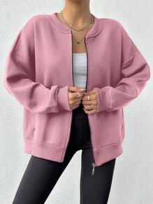 Áo hoodie dài tay lót nhiệt hở vai màu trơn có khóa kéo thường ngày dành cho nữ, dành cho mùa thu và đông - Màu Hồng baby - Xem 4