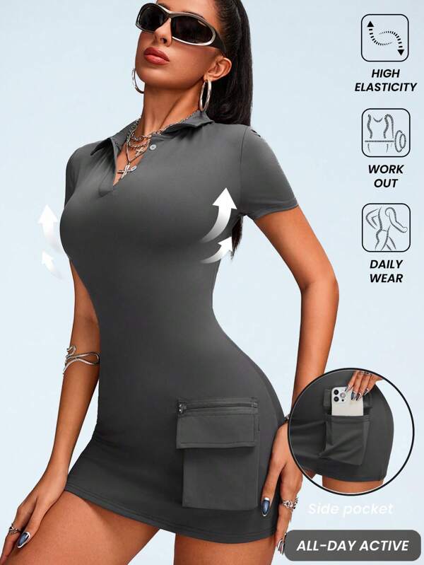 Innovista Vestido deportivo de 2 en 1 con cuello polo de unicolor, manga corta, bolsillo cargo, incluye leggings cortos, conjunto de tenis, vuelta al colegio, vestido gris, fiesta de damas