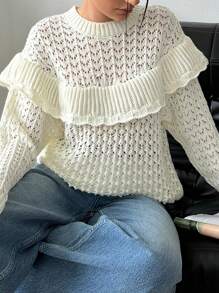 EURMUSE Crochet Cutout Ruffle Hem Pullover Sweater - Beige - View 6
