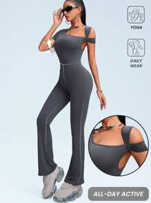 Innovista Women's Solid Asymmetrical Collar Short Sleeve Flared Jumpsuit - Grey - View 1