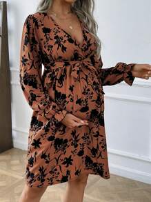 SHEIN Maternity Casual Floral All-Over Print Midi Long Sleeve Dress, Midi Dress, Autumn - Burnt Orange - View 3
