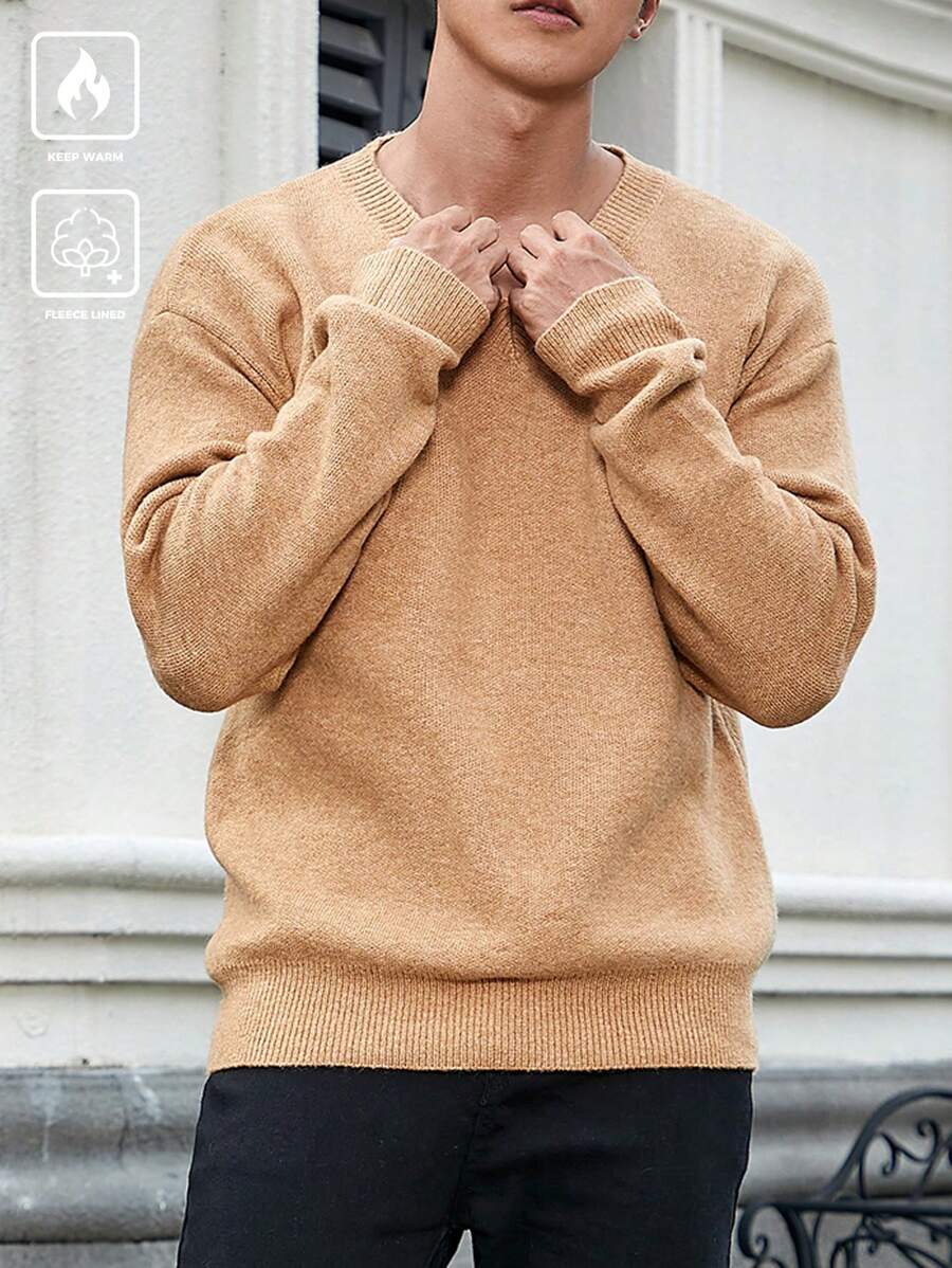 Manfinity Homme Men's Solid Color Crew Neck Casual Long Sleeve Pullover Sweater - Khaki - View 1