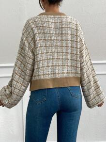 EURMUSE Spring Autumn Casual Plaid Chiffon Short Cardigan - Khaki - View 2