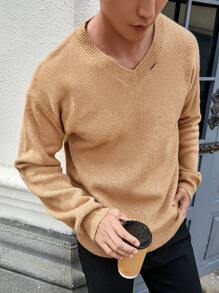 Manfinity Homme Men's Solid Color Crew Neck Casual Long Sleeve Pullover Sweater - Khaki - View 6