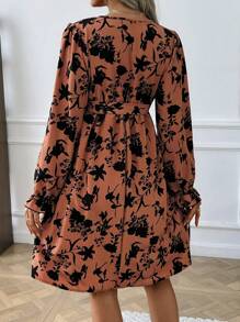 SHEIN Maternity Casual Floral All-Over Print Midi Long Sleeve Dress, Midi Dress, Autumn - Burnt Orange - View 2
